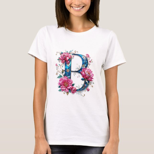 Flor B - Camiseta Floral Inicial Elegante para Wom (Frente)