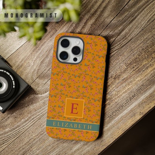 Flor Cor-de-rosa amarelo-alaranjado personalizável (Customizable Orange Yellow Floral Bird Pink Flower iPhone Case)
