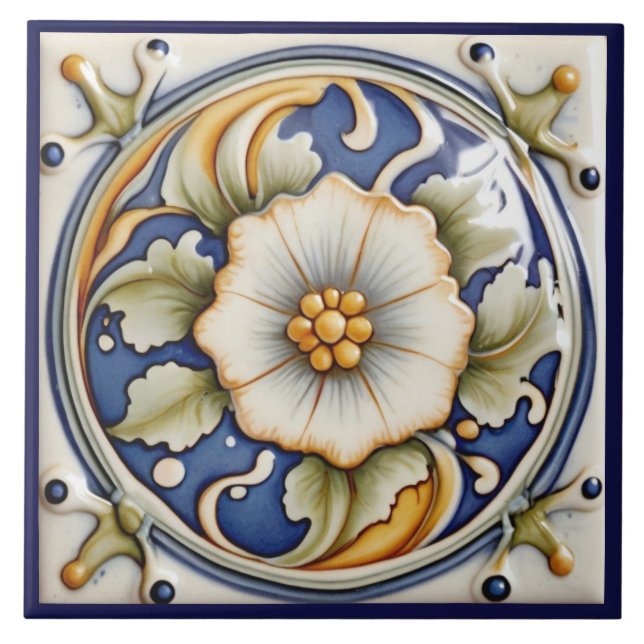 Flor de Alivio Falso Arte Deco Azul Branco Floral (Frente)