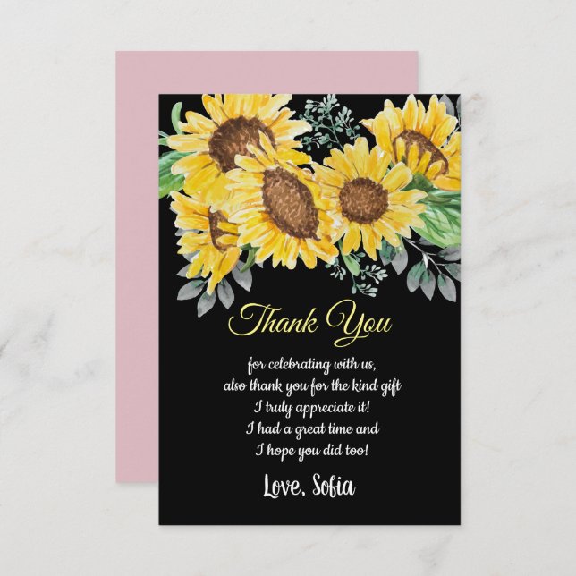 flor de aquarelas, girassol, cartões de agradecime (Frente/Verso)