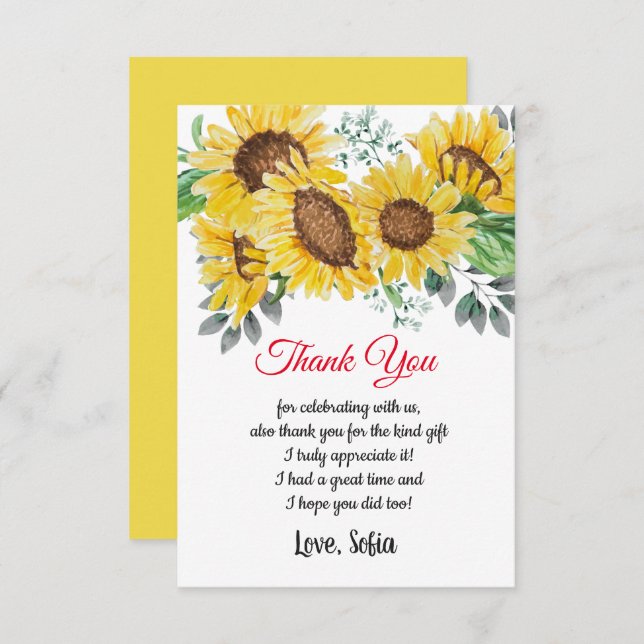 flor de aquarelas, girassol, cartões de agradecime (Frente/Verso)