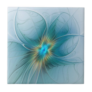 Flor de Arte Fractal Dourada e Azul Moderno