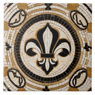 Flor de Lis Falso Mosaico em Branco Preto e Dourad