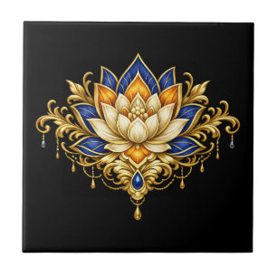 Flor de lótus azul dourado preto floral indiano pa