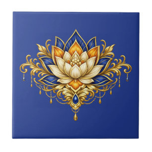 Flor de lótus cobalto azul ouro floral parede indi
