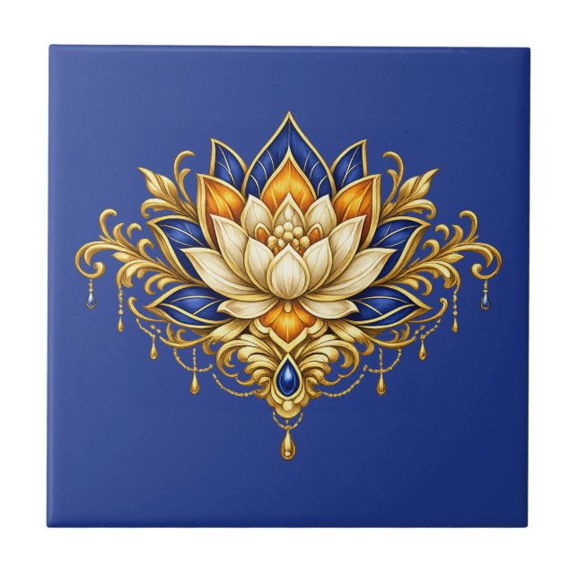 Flor de lótus cobalto azul ouro floral parede indi (Frente)
