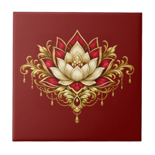 Flor de lótus mural floral marrom dourado burgundy
