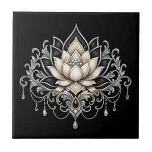 Flor de lótus preta floral botânica parede prata