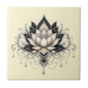 Flor de lótus preto prateado decoração floral indi
