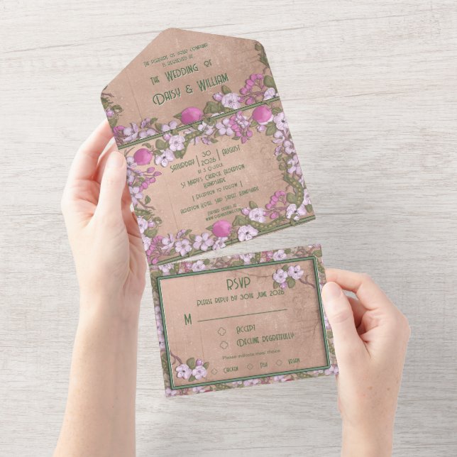 Flor de maçã - Convite de casamento tudo em um (Aba destacável)
