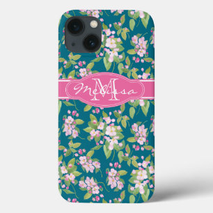 Flor de Maçã Rosa Monograma no Azul Escuro