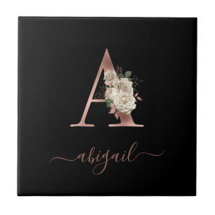 Flor de Marfim Rosa Dourado Monograma Letra "A" Pr