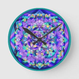 Flor de Vida Azul~relógio Relógio redondo