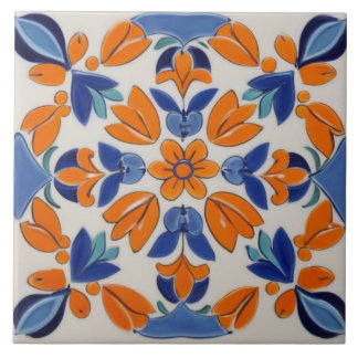 Flor Floral Geométrica Laranja Azul-Vermelho Medit