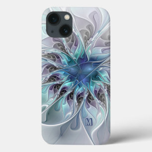 Flor Fractal Moderna Abstrata Com Monograma Azul