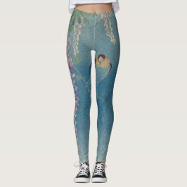 FLOR JAPONÊS E PÁSSAROS SOBRE Leggings AZUIS