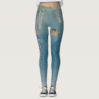 FLOR JAPONÊS E PÁSSAROS SOBRE Leggings AZUIS