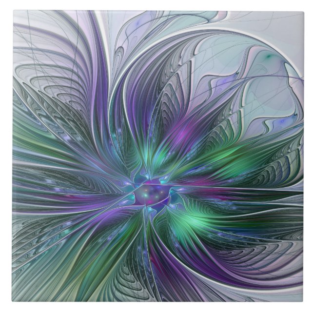 Flor Moderna Abstrata Fractal Roxa Verde (Frente)