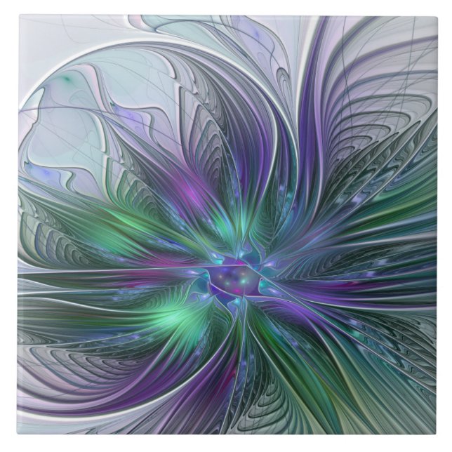 Flor Moderna Abstrata Fractal Roxa Verde (Frente)