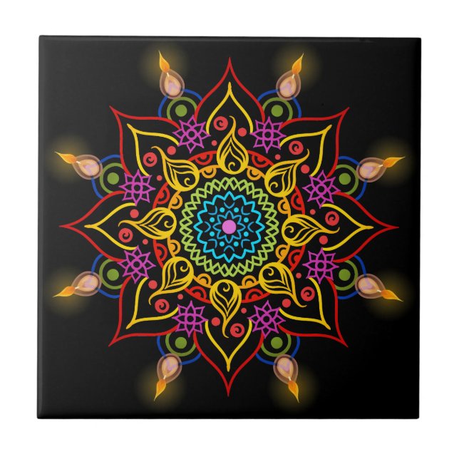 Flor Rangoli de Diwali com lâmpadas de óleo (Frente)