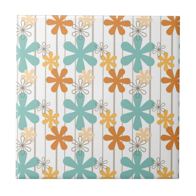 Flor Retro-Floral Laranja Azul Flores (Frente)