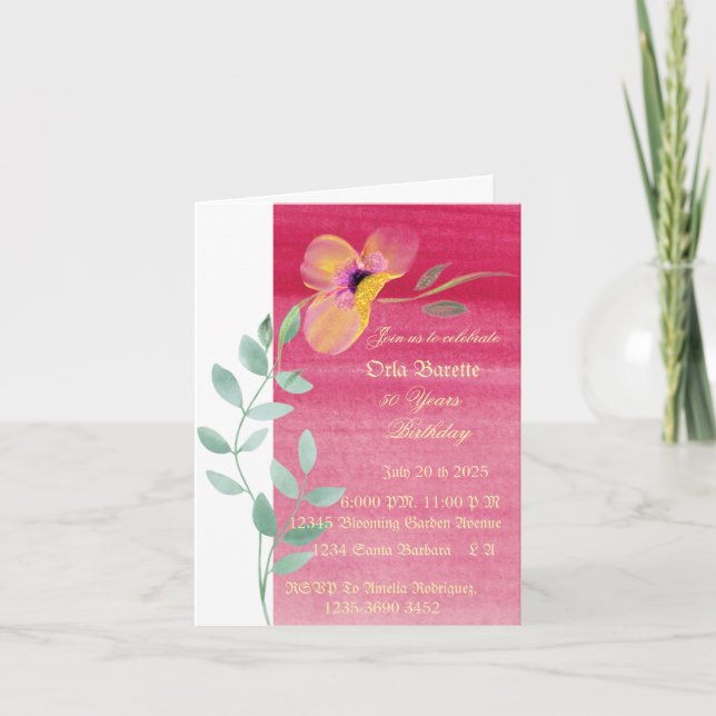 Flor rosa Elegante 50 Convite dobrado de aniversár (Frente)