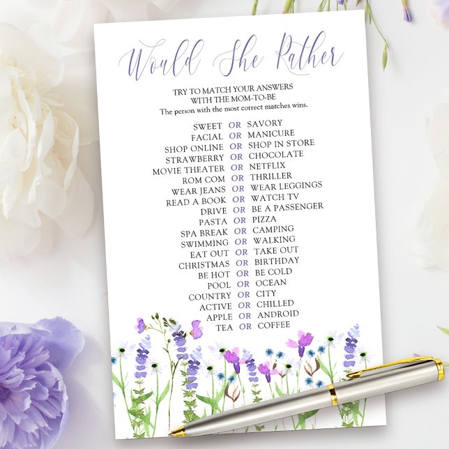 Flor Roxo Ela Preferencialmente Jogo De Chá (Would she Rather Game Card from my Purple Wildflower Collection.)