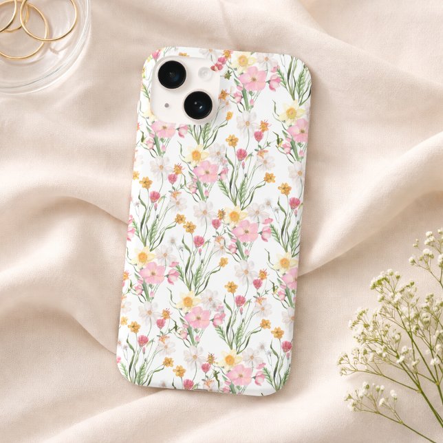 Flor Selvagem Aguarela Rosa Verde (Pink Green Wildflower Watercolor Floral Phone Case)