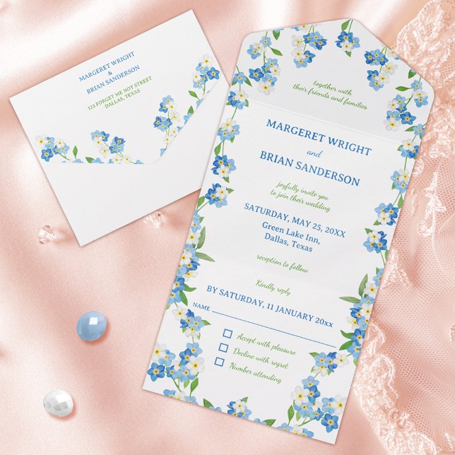 Flor Selvagem Esquece-me de Azul e Branco (Wildflower Forget Me Not Blue and White Watercolor All In One Invitation)
