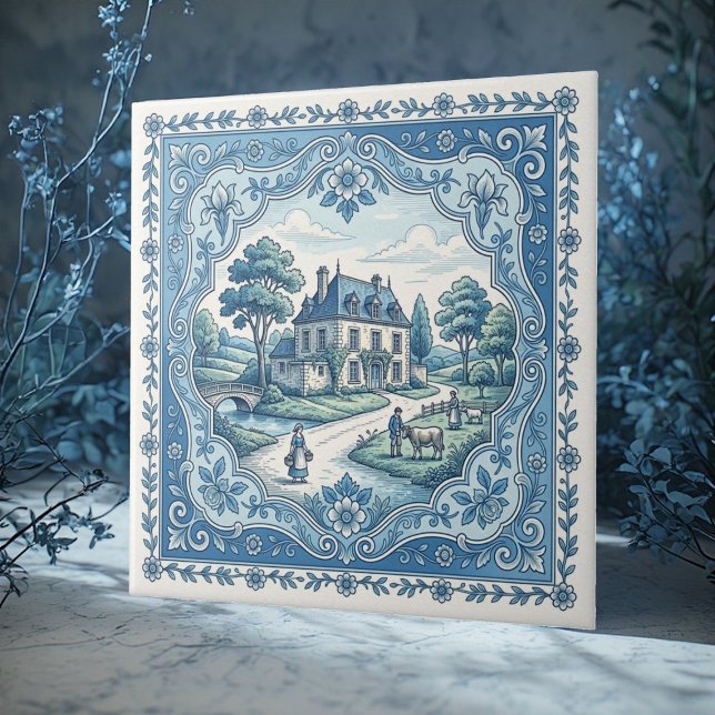 Flor Toile de Cottage Rústico Francês Vintage (Vintage Rustic French Country Floral Toile Cottage Ceramic Tile)