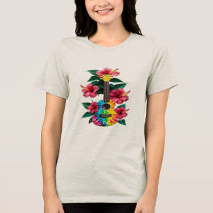 Flor Ukulele Guitarra T-Shirt Round Pescoço Curto