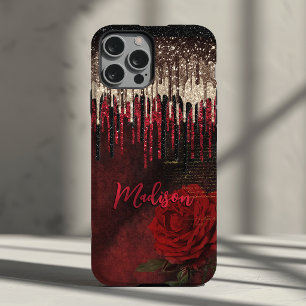 Flor vermelha chic dourada brilha monograma