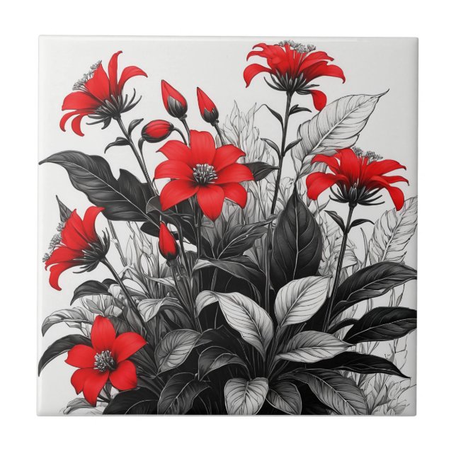 Flor Vermelha Na Planta Branca Preta (Frente)