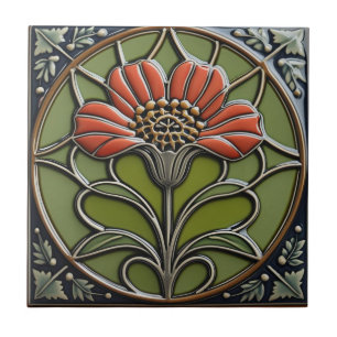 Flor Vermelha Simetria Meados do Século Artes e Of