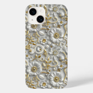 Flora 3D Decorativa Dourada Branca Floral