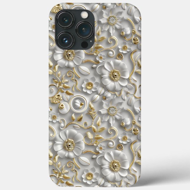 Flora 3D Decorativa Dourada Branca Floral (Verso)