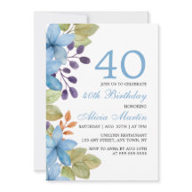 Flora Azul de Aquarela Qualquer Idade Convite Aniv