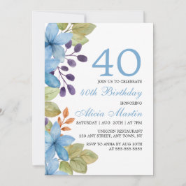 Flora Azul de Aquarela Qualquer Idade Convite Aniv