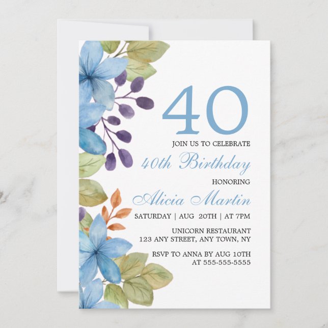 Flora Azul de Aquarela Qualquer Idade Convite Aniv (Frente)