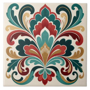 Floração Ornamental Elegante em Teal-Vermelho