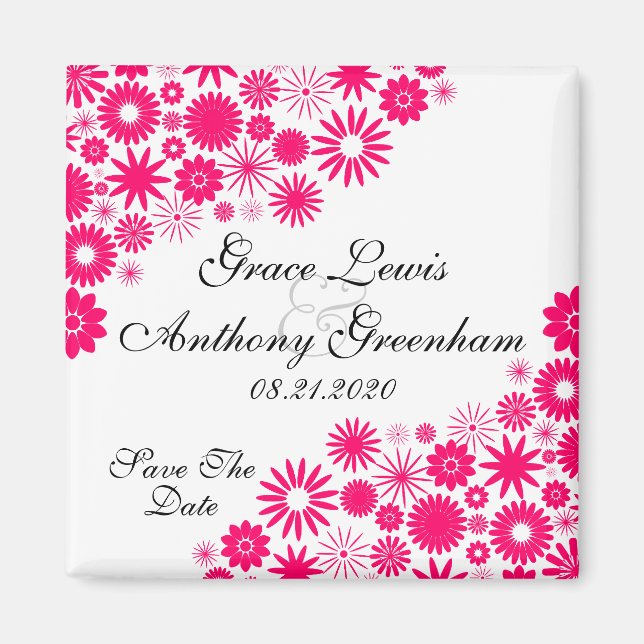 Florais bonito, Imã salve a data Rosa Vibrante (Frente)