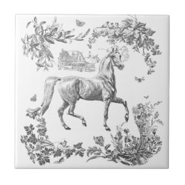 Florais de Cavalo Branco Preto Elegante Vintage