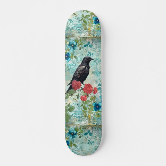 Florais de Teal Distantes Skateboard Raven & Roses (Frente)