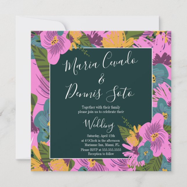 Florais Desenhados à Mão Casamento Verde Bold Rosa (Frente)