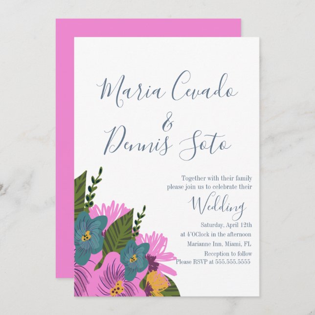 Florais Desenhados Manuscritos Convite De Cor Negr (Frente/Verso)