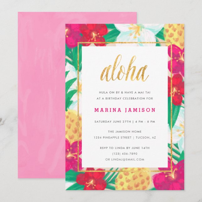 Florais do Havaí - Convites de festas tropicais (Frente/Verso)