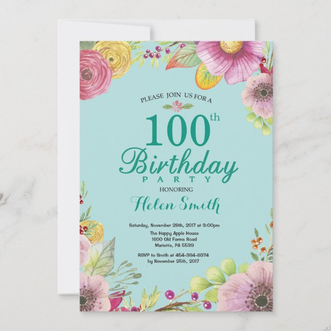 Floral 100º Aniversário Convite para Mulheres Teal (Frente)