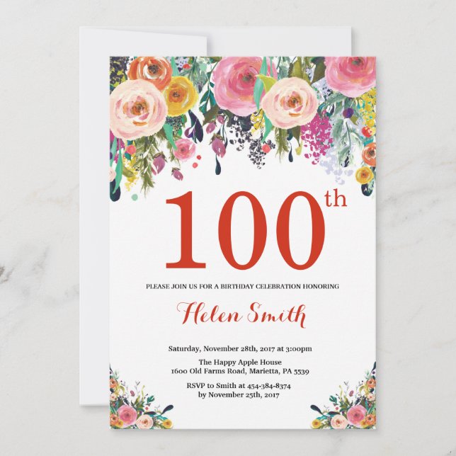 Floral 100º Convite de Aniversário Vermelho (Frente)