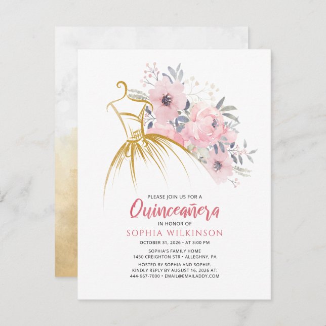 Floral 15 Birthday Faux Dourado Vestido Moderno (Frente/Verso)