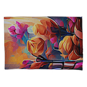 Floral Abstrato Art Laranja Vermelho Azul Flores
